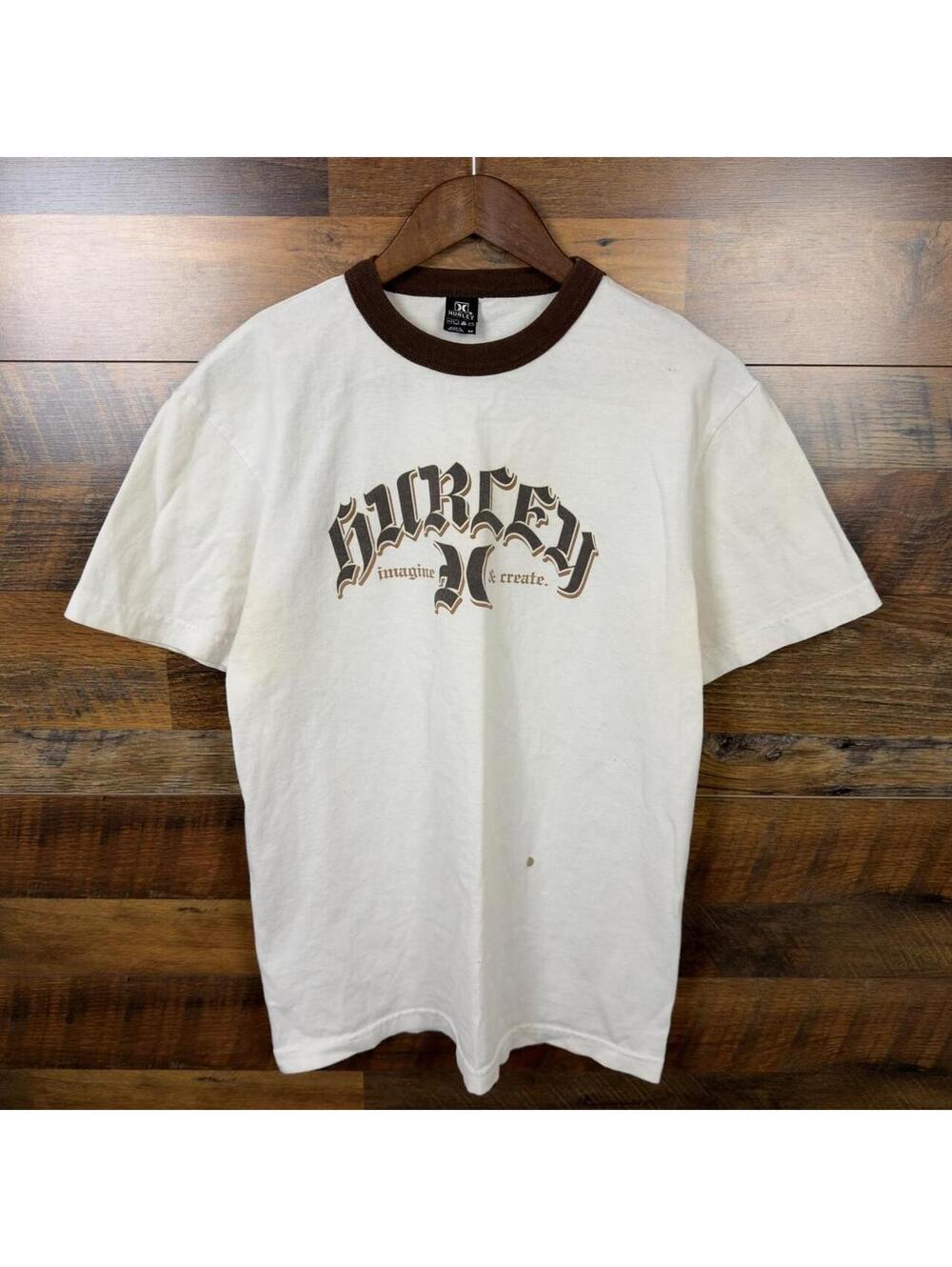 Y2K Hurley Ringer T-Shirt Men’s Medium White Brown Spellout Logo Tee